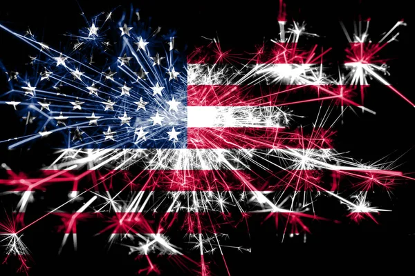 United States fireworks sparkling flag. New Year 2019 and Christmas party concept