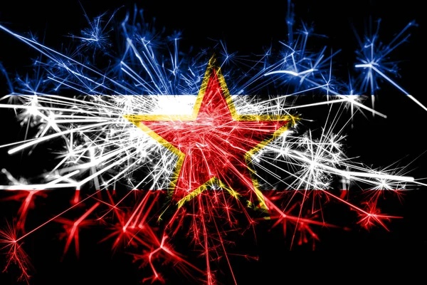 Yugoslavia fireworks sparkling flag. New Year 2019 and Christmas party concept