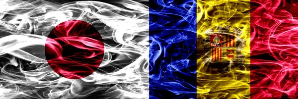 Япония Андорра Андорра Флаги Дымом Расположенные Бок Бок — стоковое фото