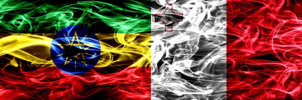 Etiópia Malta Maltês Bandeiras Coloridas Fumaça Colocadas Lado Lado — Fotografia de Stock
