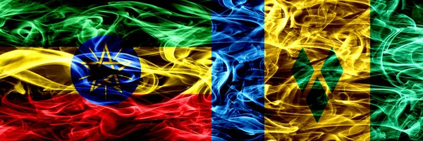 Etiópia São Vicente Granadinas Bandeiras Coloridas Fumaça Colocadas Lado Lado — Fotografia de Stock