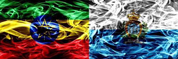 Etiópia San Marino Bandeiras Fumaça Coloridas Sammarinesas Colocadas Lado Lado — Fotografia de Stock