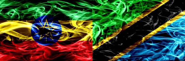 Ефіопія Проти Танзанії Танзанійський Барвисті Дим Прапори Розміщені Поруч — стокове фото