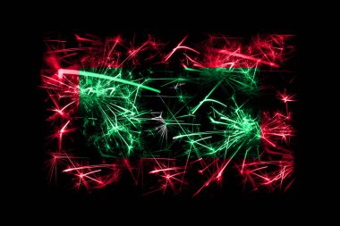 Maldivler bayrağı köpüklü havai fişekler. Yeni yıl 2019 ve Noel partisi konsepti