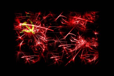 Sovyetler Birliği bayrağı köpüklü havai fişekler. Yeni yıl 2019 ve Noel partisi konsepti