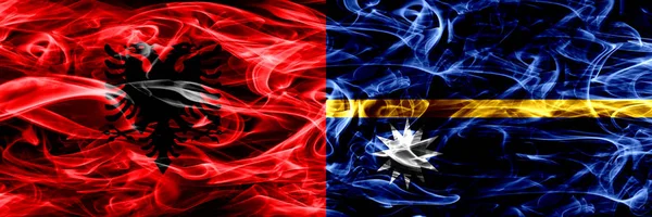 Албанія Проти Науру Дим Прапори Розміщені Поруч Товста Кольорові Шовковистою — стокове фото