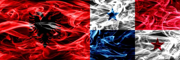 Albanië Panama Rook Vlaggen Naast Elkaar Geplaatst Dikke Gekleurde Zijdeachtige — Stockfoto