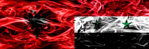 Albania Siria Banderas Humo Sirias Colocadas Lado Lado Banderas Humo —  Fotos de Stock