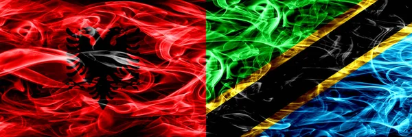 Albania Tanzania Tanzanian Smoke Flags Placed Side Side Thick Colored — Stock Photo, Image