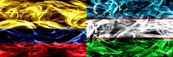 Колумбія Проти Узбекистану Узбецька Дим Прапори Розміщені Поруч Товста Кольорові — стокове фото