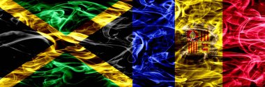 Jamaika vs Andorra, Andorra bayrakları yan yana yerleştirilmiş duman. Kalın ipeksi duman bayrakları, Jamaika ve Andorra Andorra'renkli