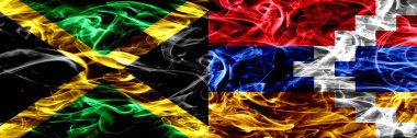Jamaika vs Artsakh duman bayrakları yan yana yerleştirilmiş. Jamaika ve Artsakh ipeksi duman bayrakları renkli kalın