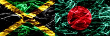 Jamaika vs Bangladeş, Bangladeşli bayrakları yan yana yerleştirilmiş duman. Kalın ipeksi duman bayrak Jamaika ve Bangladeş, Bangladeşli, renkli