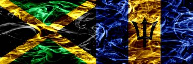 Jamaika vs Barbados, Barbadoslu bayrakları yan yana yerleştirilmiş duman. Kalın ipeksi duman bayrakları Jamaika ve Barbados, Barbadoslu renkli