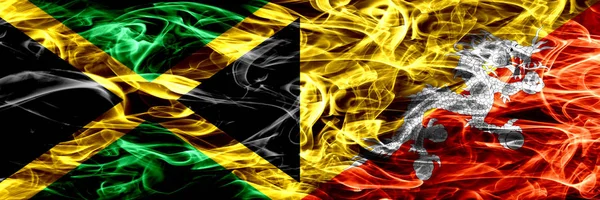 Jamaica Bhutan Bhutanese Smoke Flags Placed Side Side Thick Colored — Stock Photo, Image