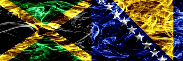 Jamaica Bósnia Herzegovina Bandeiras Fumaça Bósnia Colocadas Lado Lado Bandeiras — Fotografia de Stock