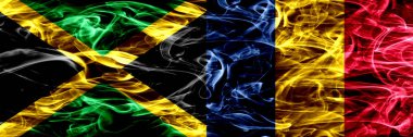 Jamaika vs Chad, Çad bayrakları yan yana yerleştirilmiş duman. Kalın ipeksi duman bayrak Jamaika ve Chad, Çad, renkli