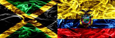 Jamaika vs Ekvador, Ekvador bayrakları yan yana yerleştirilmiş duman. Kalın ipeksi duman bayrak Jamaika ve Ekvador, Ekvador, renkli