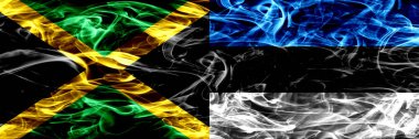 Jamaika rakip Estonya, Estonca bayrakları yan yana yerleştirilmiş duman. Kalın ipeksi duman bayrak Jamaikalı ve Estonya, Estonca, renkli