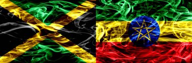 Jamaika vs Etiyopya, Etiyopya bayrakları yan yana yerleştirilmiş duman. Kalın ipeksi duman bayrak Jamaika ve Etiyopya, Etiyopya, renkli