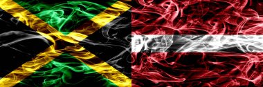 Jamaika Rakip Letonya, Letonya bayrakları yan yana yerleştirilmiş duman. Kalın ipeksi duman bayrak Jamaika ve Letonya, Letonya, renkli