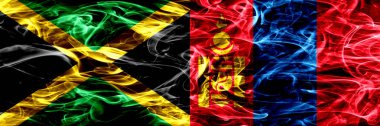 Jamaika vs Moğolistan, Moğolca bayrakları yan yana yerleştirilmiş duman. Kalın ipeksi duman bayrak Jamaika ve Moğolistan, Moğolca, renkli