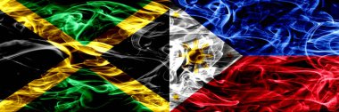 Jamaika vs Türkiye, Filipino duman bayrakları yan yana yerleştirilmiş. Kalın ipeksi duman bayrak Jamaika ve Filipinler, Filipino, renkli