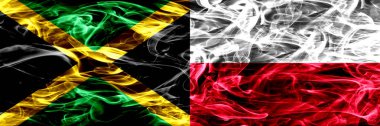 Jamaika vs Polonya, Lehçe yan yana yerleştirilmiş bayrakları duman. Kalın renkli Jamaika ipeksi duman bayrakları ve Polonya, Lehçe