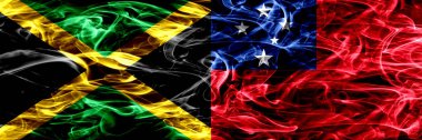 Jamaika vs Samoa, Samoa'lı bayrakları yan yana yerleştirilmiş duman. Kalın ipeksi duman bayrakları Jamaika ve Samoa, Samoa'lı renkli