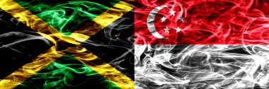 Jamaika vs Singapur, Singapurlu bayrakları yan yana yerleştirilmiş duman. Kalın ipeksi duman bayrakları Jamaika ve Singapur, Singapurlu renkli