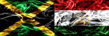 Jamaika vs Tacikistan, Tajikistani yan yana yerleştirilmiş bayrakları duman. Kalın ipeksi duman bayrakları Jamaika ve Tacikistan, Tajikistani renkli