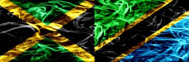 Jamaika vs Tanzanya Tanzanya bayrakları yan yana yerleştirilmiş duman. Kalın ipeksi duman bayrak Jamaika ve Tanzanya, Tanzanya, renkli