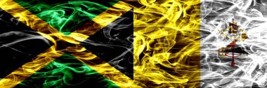 Jamaika vs duman Vatikan bayrakları yan yana yerleştirilmiş. Jamaika ve Vatikan ipeksi duman bayrakları renkli kalın