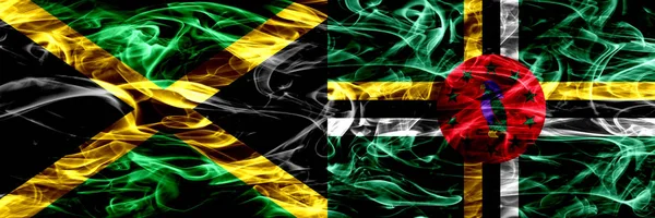 Jamajka Vlajky Dominika Kouře Umístěny Vedle Sebe Silný Barevný Hedvábně — Stock fotografie