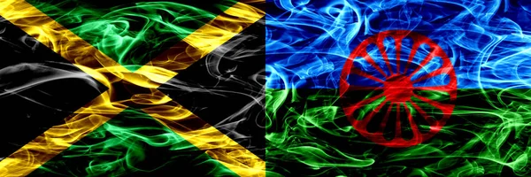 Jamajka Gipsy Roman Pali Flagi Umieszczone Obok Siebie Grube Kolorowe — Zdjęcie stockowe