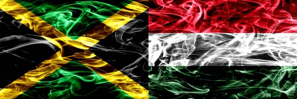 Jamaica Hungary Hungarian Smoke Flags Placed Side Side Thick Colored — Stock Photo, Image