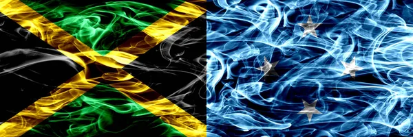 Jamajka Mikronezja Mikronezyjskie Pali Flagi Umieszczone Obok Siebie Gruby Kolorowe — Zdjęcie stockowe