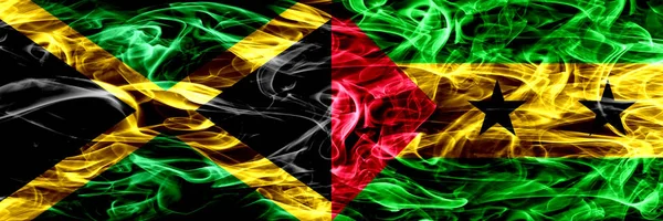 Jamaica São Tomé Príncipe Bandeiras Fumaça Colocadas Lado Lado Bandeiras — Fotografia de Stock
