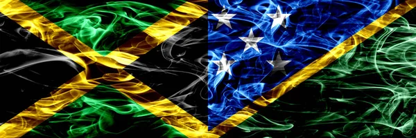 Ямайка Проти Соломонові Острови Дим Прапори Розміщені Поруч Товста Кольорові — стокове фото