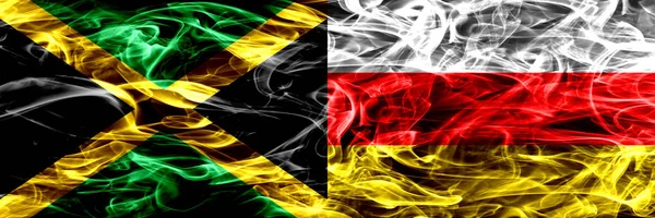Ямайка Проти Південної Осетії Дим Прапори Розміщені Поруч Товста Кольорові — стокове фото