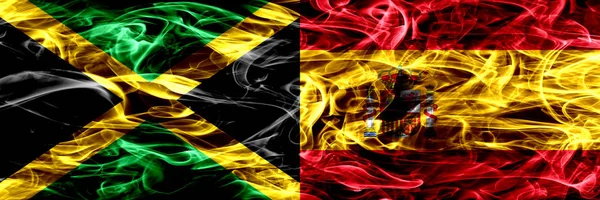 Ямайка Проти Іспанії Іспанська Дим Прапори Розміщені Поруч Товста Кольорові — стокове фото
