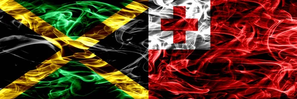Ямайка Тонга Тонганские Дымовые Флаги Расположенные Бок Бок Толстые Цветные — стоковое фото
