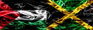 Palestine vs Jamaika, Jamaika bayrakları yan yana yerleştirilmiş duman. Kalın ipeksi duman bayrak Filistin ve Jamaika, Jamaika, renkli