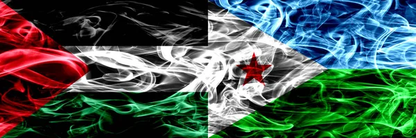 Palesztina Dzsibuti Füst Zászlók Egymás Mellé Vastag Színes Füst Zászlói — Stock Fotó