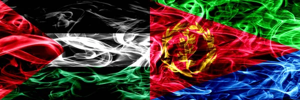 Palestina Eritrea Rook Vlaggen Naast Elkaar Geplaatst Dikke Gekleurde Zijdeachtige — Stockfoto