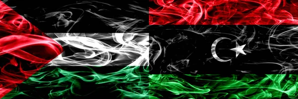 Palestine Libya Libyan Smoke Flags Placed Side Side Thick Colored — Stock Photo, Image