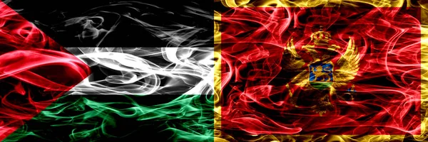 Palestina Montenegro Bandiere Fumogene Montenegrine Affiancate Bandiere Fumo Color Seta — Foto Stock