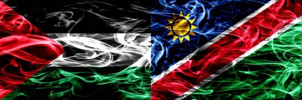 Palestina Namibia Banderas Humo Namibia Colocadas Una Lado Otra Banderas —  Fotos de Stock