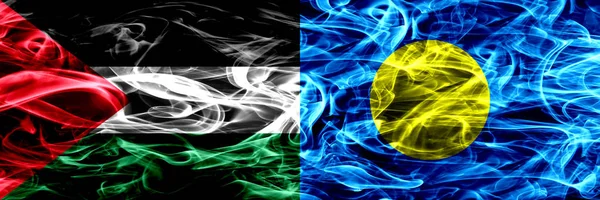 Palestine Palau Palaulan Smoke Flags Placed Side Side Thick Colored — Stock Photo, Image
