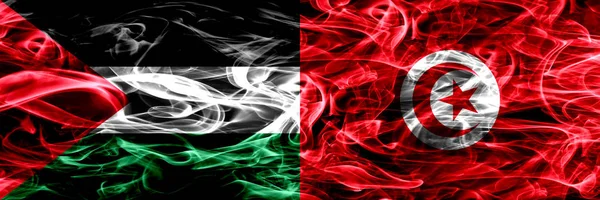 Palestine Tunisia Tunisian Smoke Flags Placed Side Side Thick Colored — Stock Photo, Image